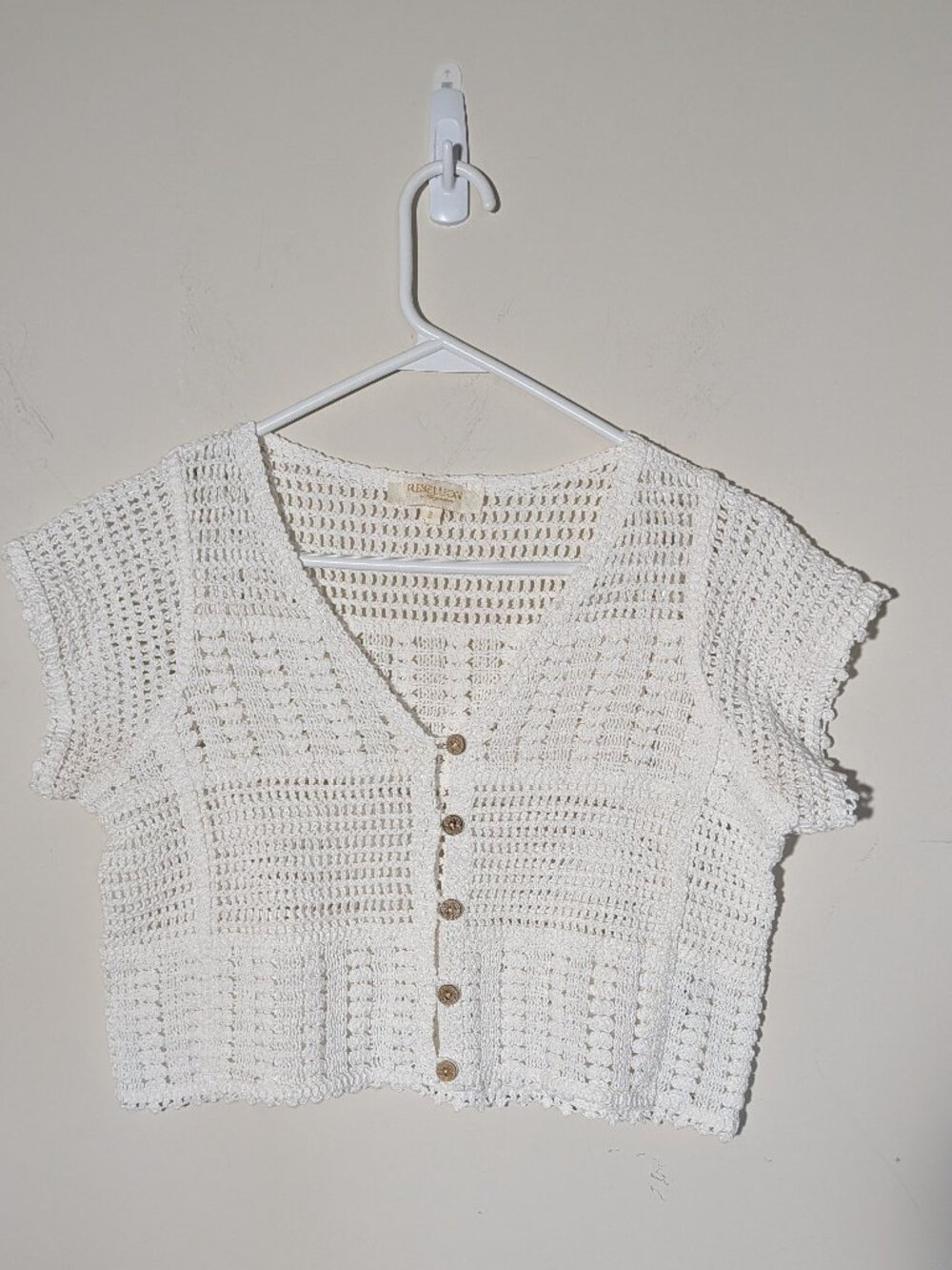 Rebellion Again White Open Knit Crochet Button Up Blouse Sz S
